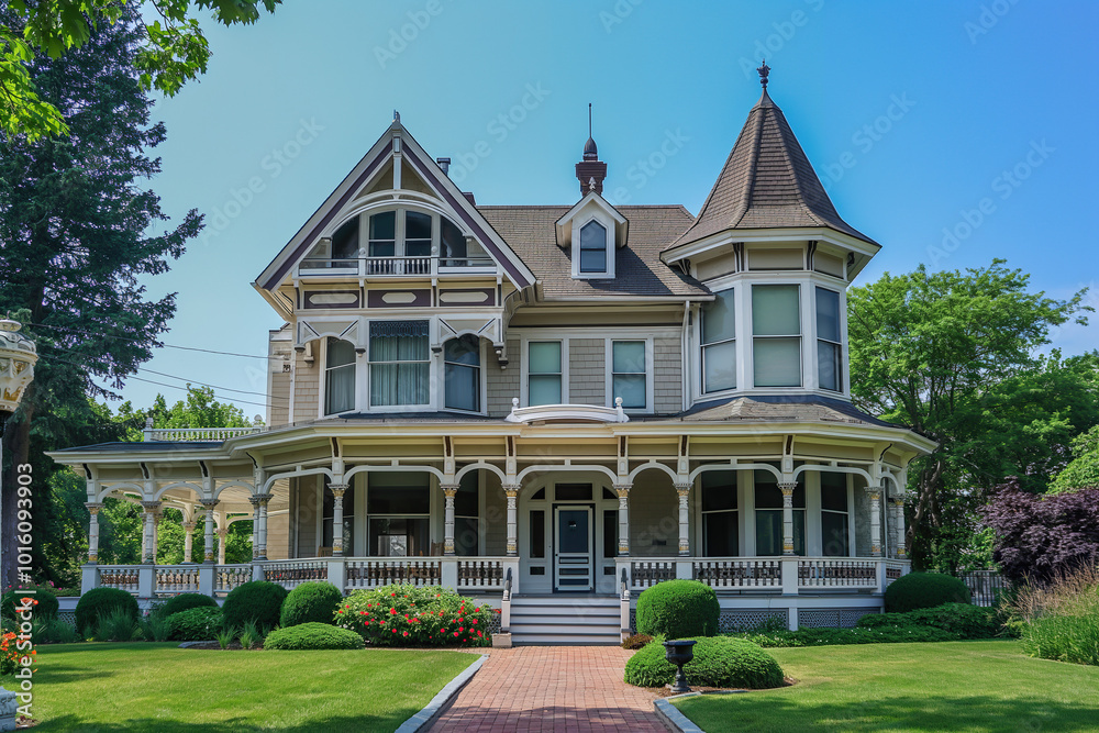 architecture by ai, mansion in victorian style with ornate details, large front porch and turrets on the roof surrounded by lush green lawns, photorealistic architecture by ai, mansion in victorian style with ornate details, large front porch and turrets on the roof surrounded by lush green lawns, photorealistic