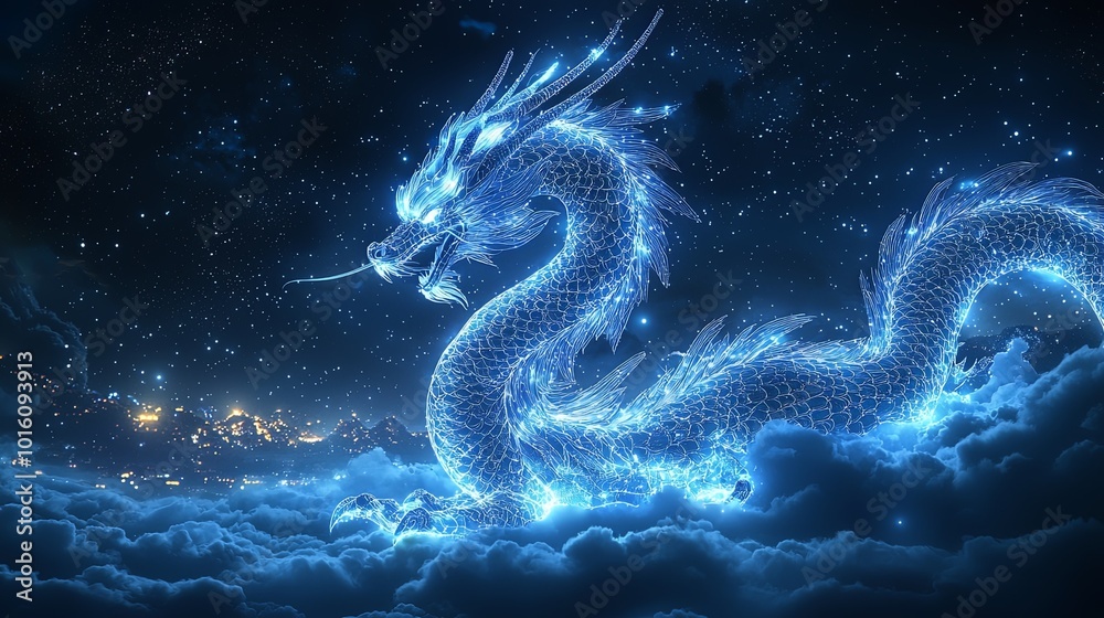 A celestial dragon, glowing with a myriad of shimmering scales, is portrayed soaring through the starry night sky above billowing clouds, emanating grace and majesty. A celestial dragon, glowing with a myriad of shimmering scales, is portrayed soaring through the starry night sky above billowing clouds, emanating grace and majesty.