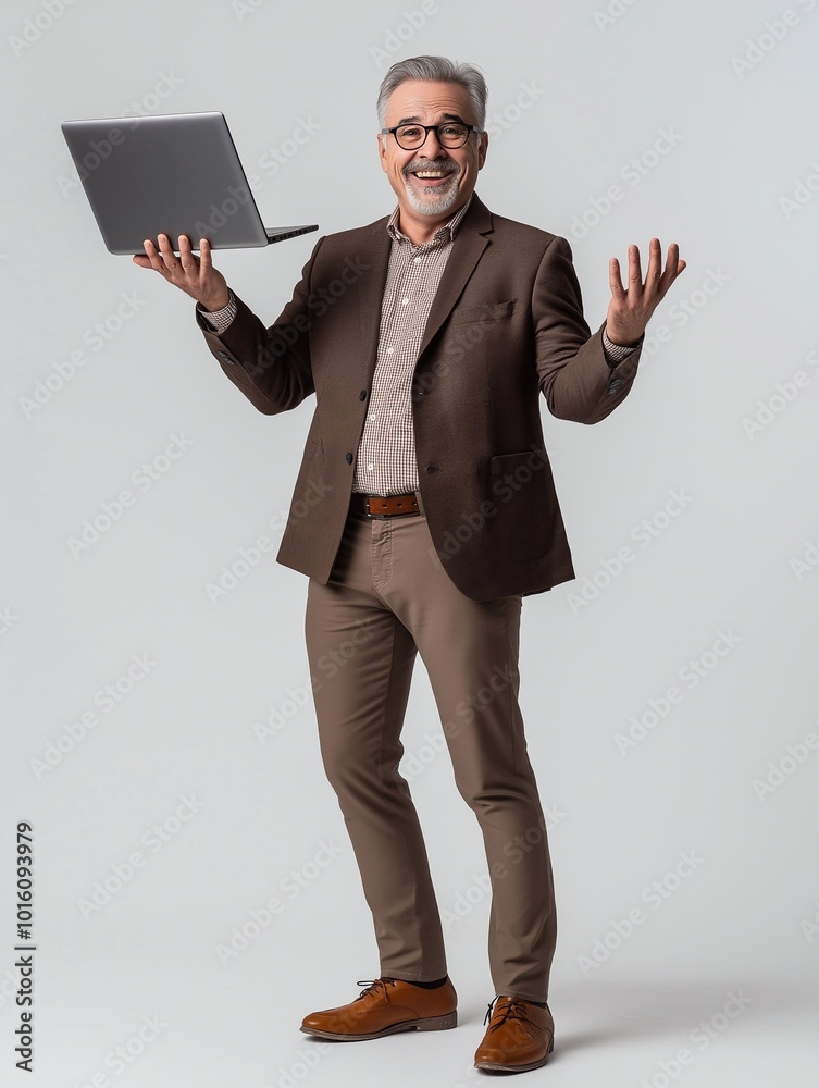 Happy middle aged business man entrepreneur, smiling professional businessman winner holding laptop celebrating online money profit, winning prize promotion standing isolated on white background. Happy middle aged business man entrepreneur, smiling professional businessman winner holding laptop celebrating online money profit, winning prize promotion standing isolated on white background.