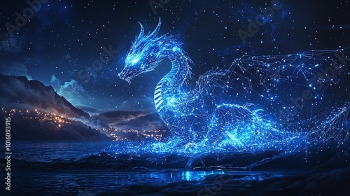 A mystical dragon crafted from radiant blue light emerges from a cosmic river, imbued with elements of mystery and intrigue as it traverses the starlit nightscape. photo