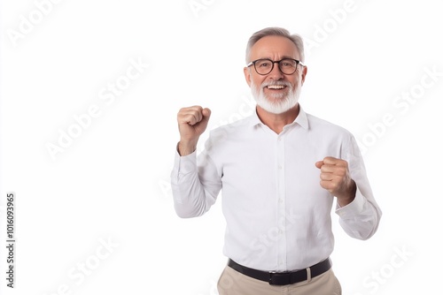 Happy middle aged business man entrepreneur, smiling professional businessman winner celebrating online money profit, winning prize promotion standing isolated on white background. photo