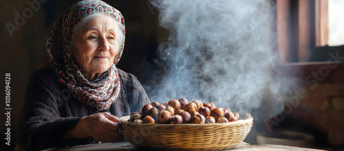 Old lady sitting at a wooden table with a basket full of roasted chestnuts, surrounded by light smoke, wearing a traditional scarf and a warm red outfit. Theme of Spanish holiday Castanyada photo