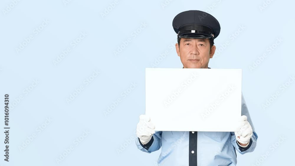 メッセージボードを見せる男性警備員 メッセージボードを見せる男性警備員