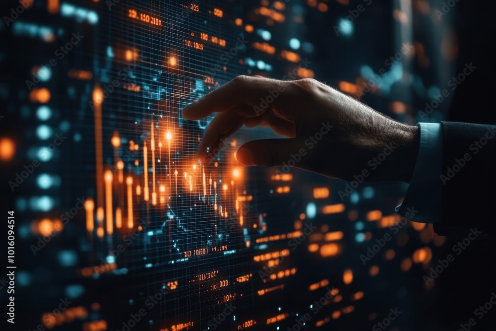 A hand is pointing at a screen with a lot of numbers and lines A hand is pointing at a screen with a lot of numbers and lines
