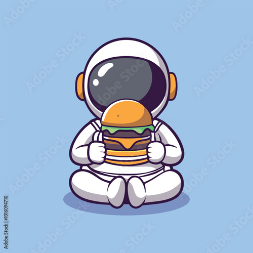 Cute Astronaut Holding Big Burger Space Food Vector Icon Illustration.