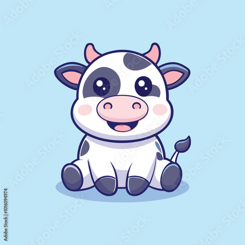 Cute Cartoon Cow Sitting on Blue Background Vector Icon Illustration.