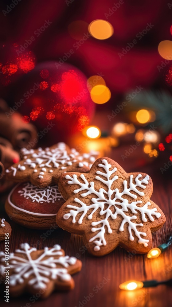 Gingerbread cookies with icing, arranged on a wooden table with a deep crimson background and glowing Christmas lights, copy space, Merry Christmas background, festive food display Gingerbread cookies with icing, arranged on a wooden table with a deep crimson background and glowing Christmas lights, copy space, Merry Christmas background, festive food display