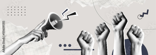 Trendy Halftone Collage Raised Fist up and hand with megaphone. Demonstration of protest. Fight for your rights. Power sign. Success and strength. Magazine style. Contemporary vector art illustration