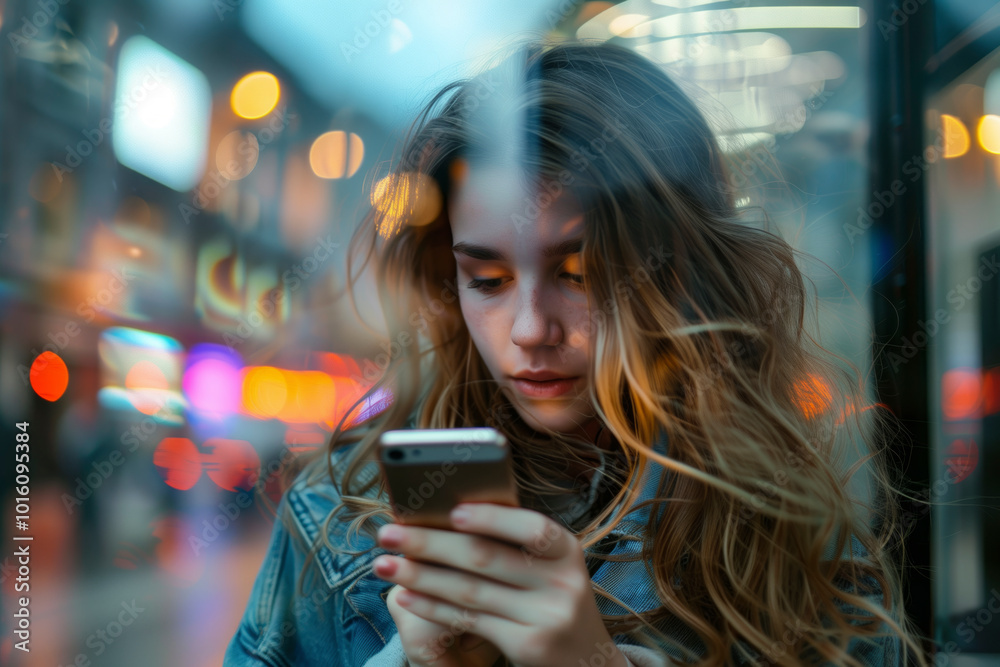 Mujer joven con smartphone en la calle de la ciudad. Mujer joven con smartphone en la calle de la ciudad.