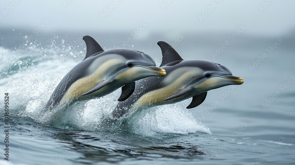 Obraz premium Two dolphins leaping out of the water, creating splashes and a wave.