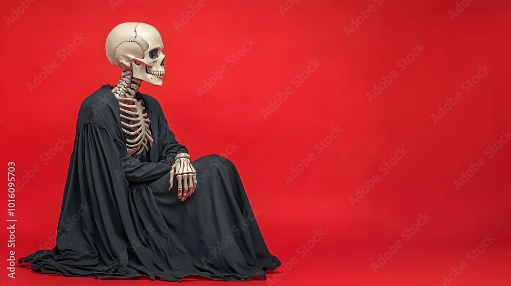 Grim Gothic Halloween Skeleton Display Against Crimson Backdrop