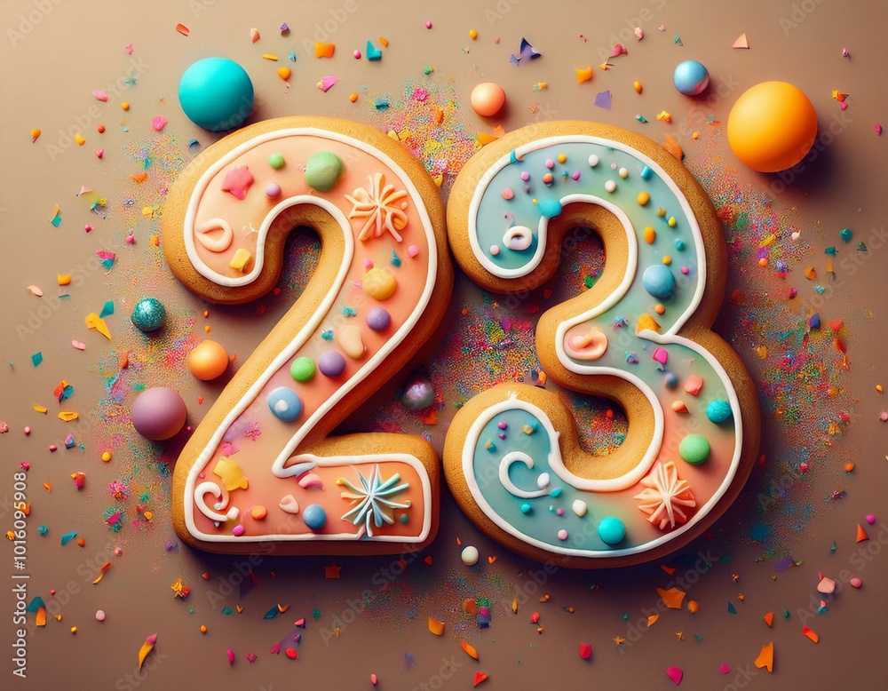 Decorated cookie, number 23, illustration for birthday or anniversary celebration Decorated cookie, number 23, illustration for birthday or anniversary celebration