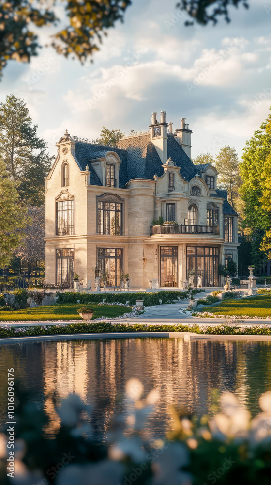Fototapeta premium A picturesque scene of a grand, elegant mansion surrounded by lush greenery, with its reflection beautifully mirrored in a tranquil pond