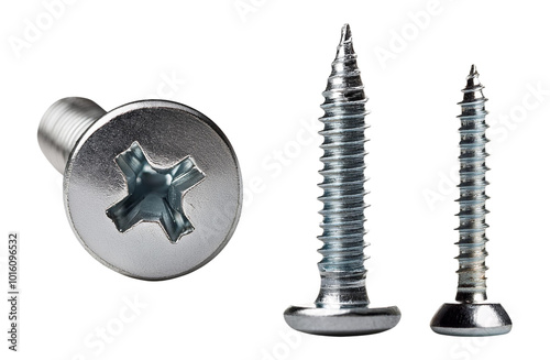 Three different types of metal screws, isolated on a black background for clear visibility.