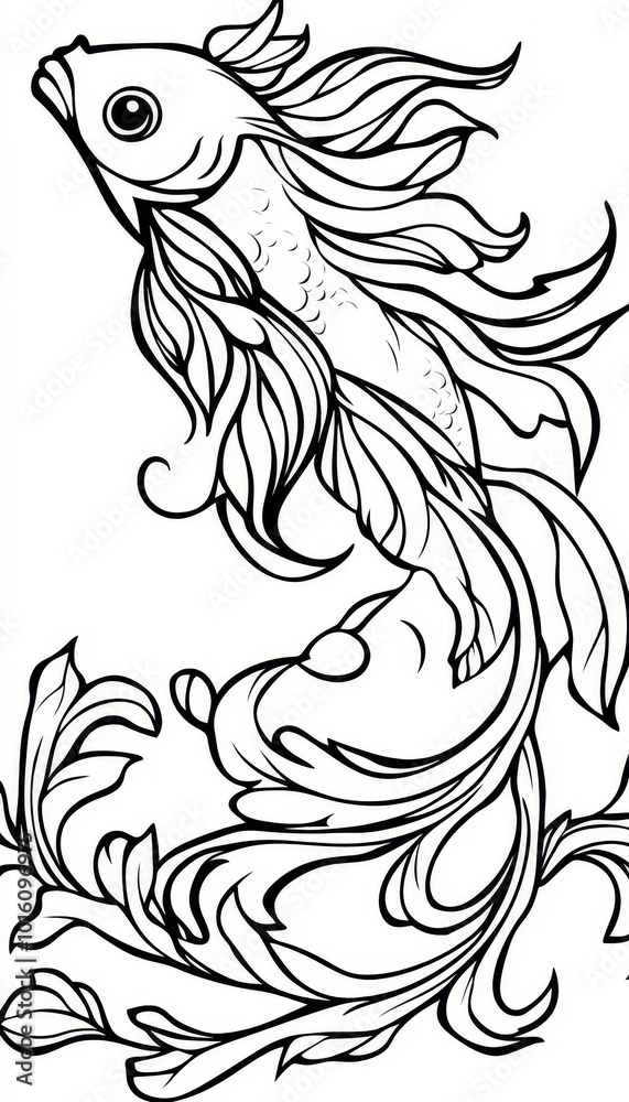Obraz premium Decorative Line Art of Goldfish, Ornamental Fins, Flowers, Adult Coloring Page, Illustration