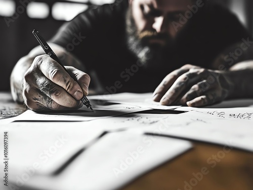 Close-up of a tattooed man writing on papers, focused and engaged in creative work.