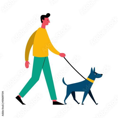 people walking dog out illustration 