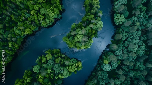 Aerial view of a river meandering through a lush green forest, creating natural curves