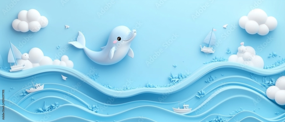 Cute Dolphin and Boats in Blue Ocean Cute Dolphin and Boats in Blue Ocean