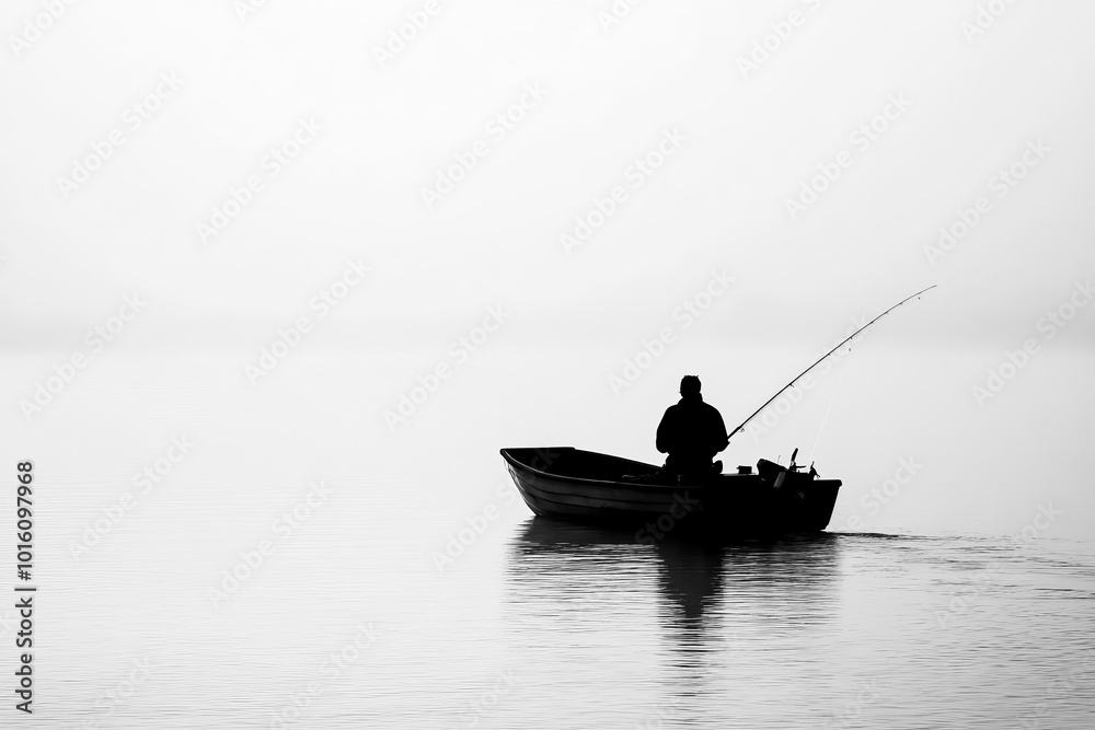 A black and white silhouette of a lone fisherman in a small boat, fishing peacefully on a calm, misty lake A black and white silhouette of a lone fisherman in a small boat, fishing peacefully on a calm, misty lake