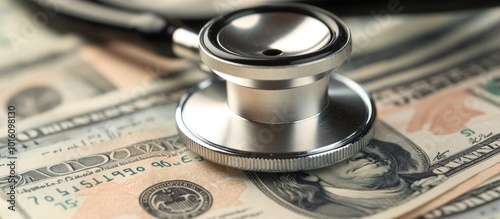 A stethoscope lies on top of US dollar bills, symbolizing the cost of healthcare.