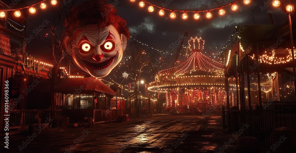 Obraz premium A spooky carnival scene featuring eerie lights, a giant clown head, and an empty atmosphere, perfect for a horror-themed project.