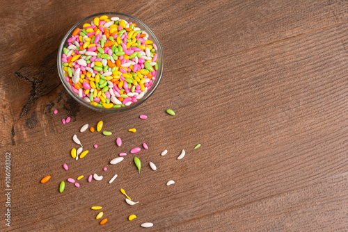 Sugar coated colorful candy wrapped around fennel seeds. Saunf Goli. Mouth Freshner Mix. Indian Mukwas or Mukhvas. photo