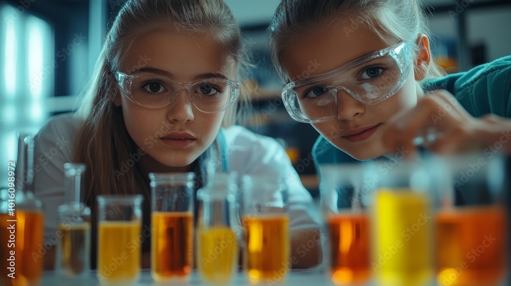 Two young female scientists in lab coats and goggles are working on an experiment with test tubes containing liquids of different colors. Two young female scientists in lab coats and goggles are working on an experiment with test tubes containing liquids of different colors.