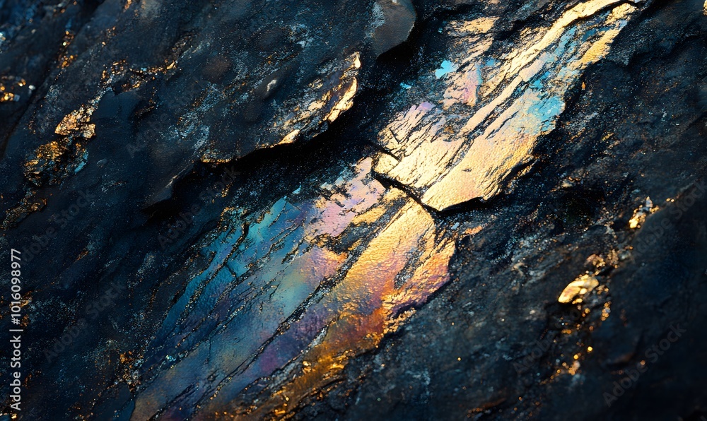 Detailed shot of a rough stone with metallic mineral streaks, Generative AI Detailed shot of a rough stone with metallic mineral streaks, Generative AI