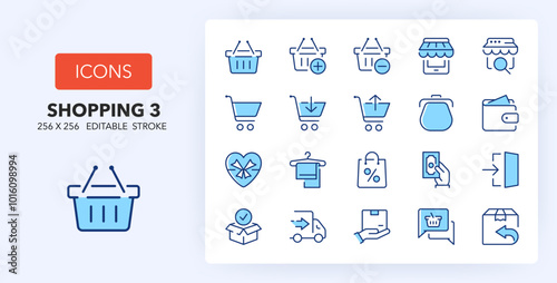 Line icons about shopping and e-commerce. Contains such icons as discount, order, pay methods and more. 256x256 Pixel Perfect editable in two colors. Set 3of 3