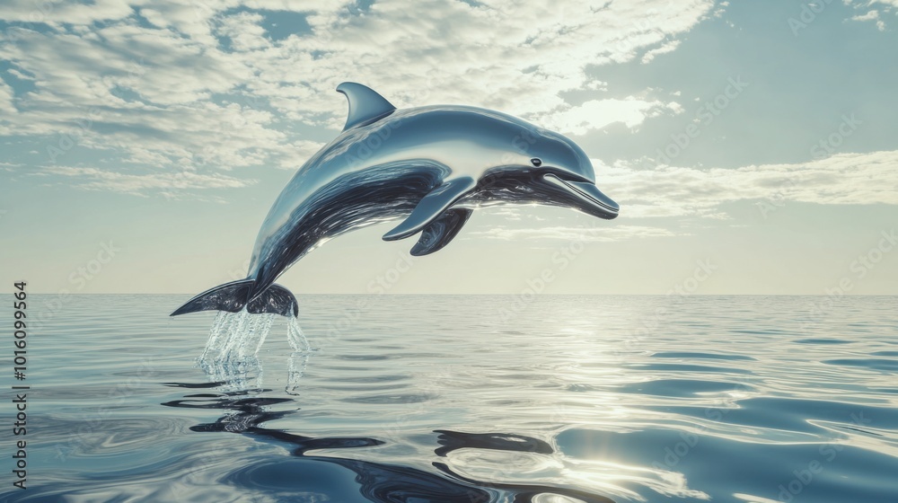 A polished metallic dolphin, jumping out of a chrome sea under a shining silver sky