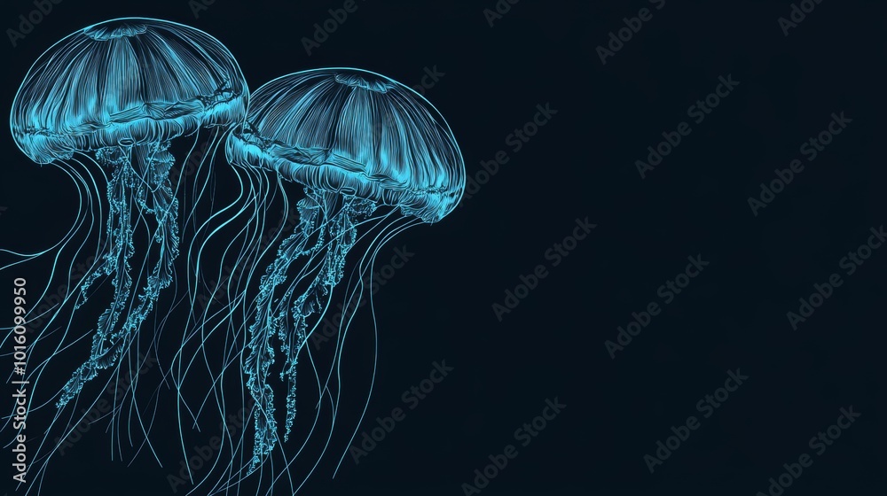 Two Glowing Blue Jellyfish On A Dark Background, Abstract Generative Ai Artwork With Copy Space Two Glowing Blue Jellyfish On A Dark Background, Abstract Generative Ai Artwork With Copy Space