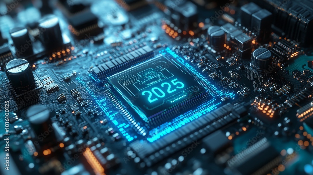 Intricate circuit board patterns featuring a glowing 2025 chipset under soft lighting