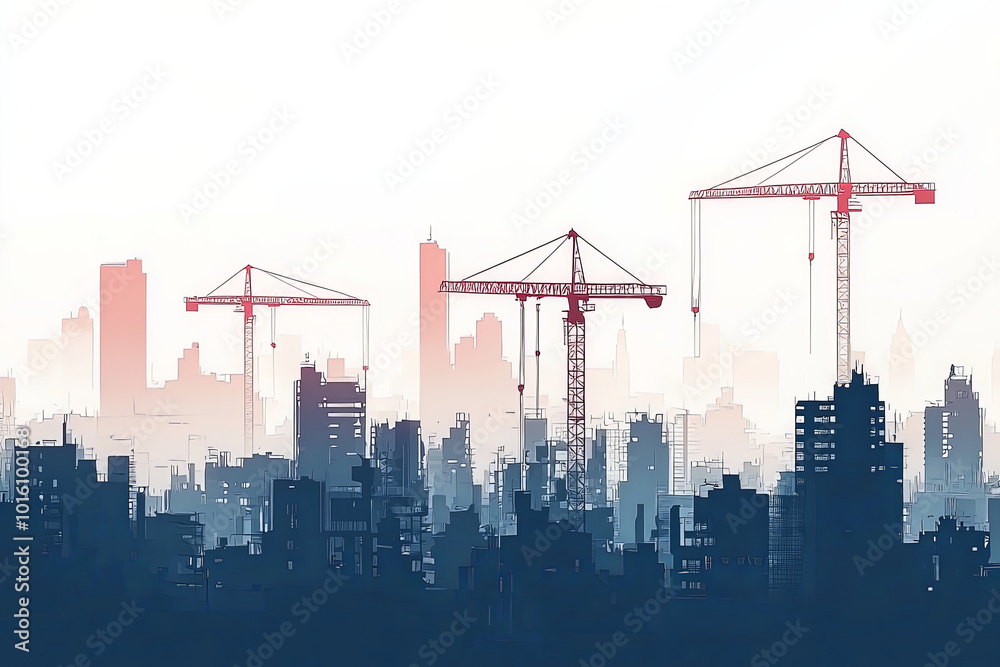 Obraz premium Modern construction cranes dominate skyline of bustling city, symbolizing growth and development. silhouettes of buildings create striking contrast against soft hues of sky