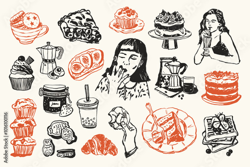 Minimal vector hand drawn food and beverage doodles collection. Art for postcards, posters, branding, logo design, background, social media.