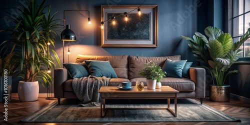Contemporary 3D interior of a cozy living room featuring a blank frame  embodying minimalist design elements for striking stock photography. Perfect