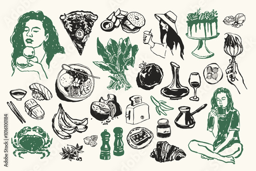 Minimal vector hand drawn food and beverage doodles collection. Art for postcards, posters, branding, logo design, background, social media.