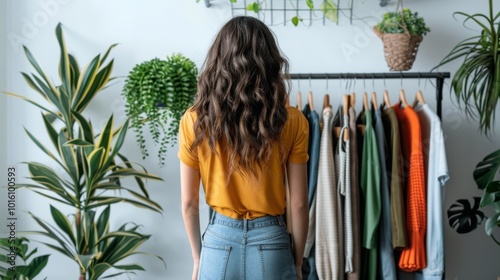 A woman shopping for sustainable clothing made from natural fibers and recycled materials. photo