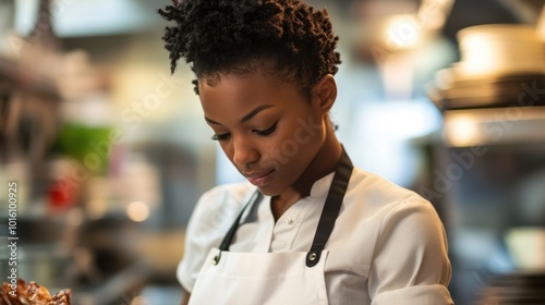 A Black female chef with short natural hair, wearing a white apron, checking a recipe in a restaurant kitchen.