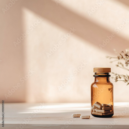 A bottle of pills that is on the table copy space