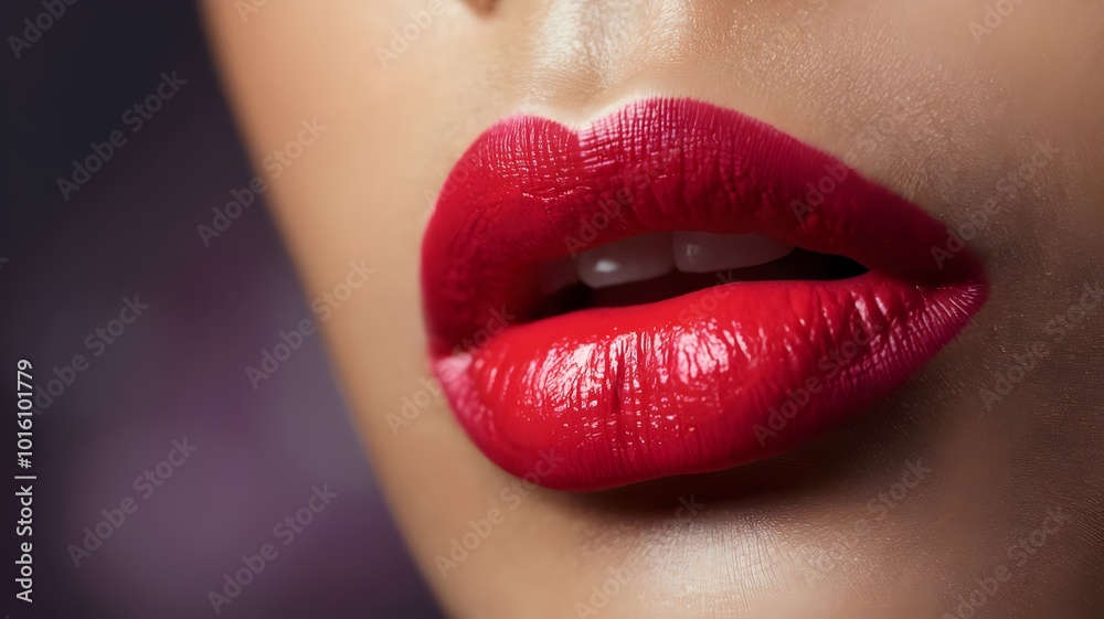 Fototapeta premium Macro image of woman's lips with red lipstick.