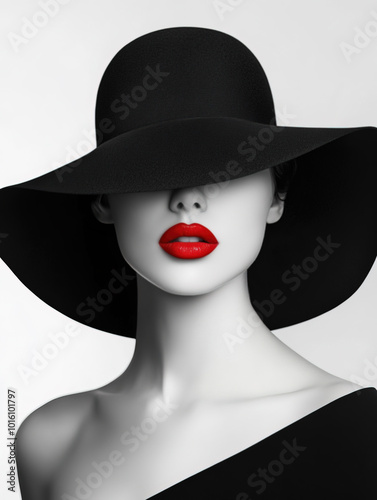 Black and white portrait of a beautiful woman with red lips and in a black hat that covers her face