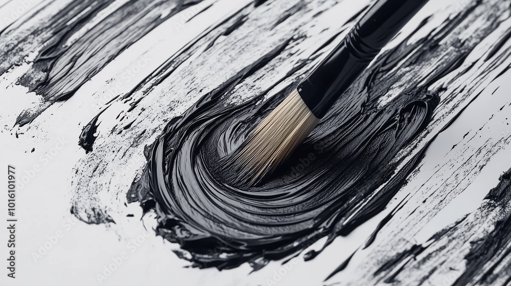 Thick black paint being applied on a white surface with a brush, showing texture and movement Thick black paint being applied on a white surface with a brush, showing texture and movement