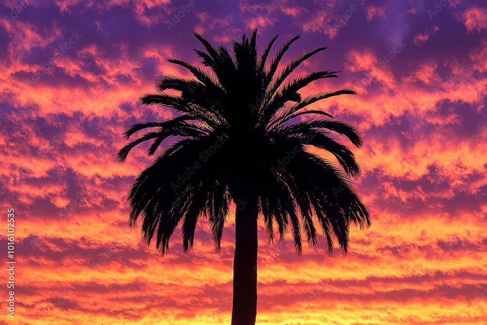 Obraz premium A striking silhouette of a palm tree against a vibrant sunset sky filled with colorful clouds.