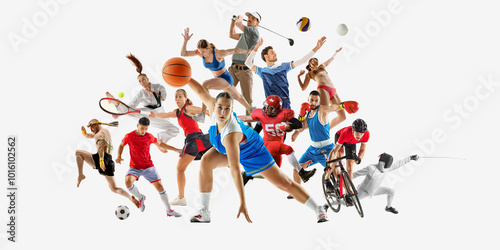 Fototapeta Naklejka Na Ścianę i Meble -  Massive sports collage featuring various athletes in midst of action, bringing strong sense of competition and movement. Concept of different kinds of sports, championship, league. Ad