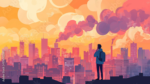 person stands on rooftop  gazing at urban skyline shrouded in high air pollution  with vibrant colors of sunset illuminating scene. atmosphere conveys sense of contemplation and concern for