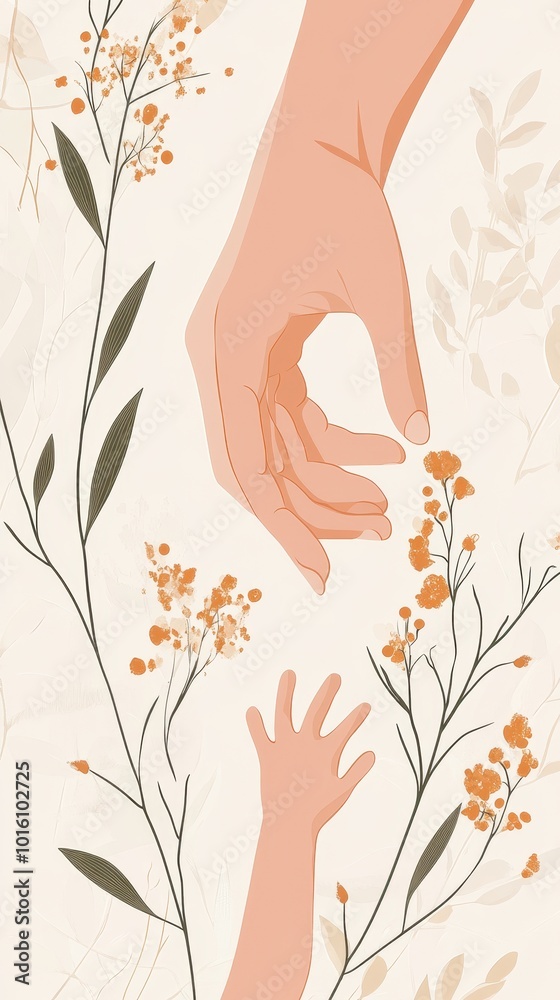 A soft hand reaches down towards a child's tiny hand surrounded by delicate flowers A soft hand reaches down towards a child's tiny hand surrounded by delicate flowers