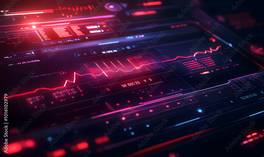 Fototapeta premium Futuristic financial dashboards and luxury business charts with glowing neon lines, gold accents, and connected nodes for corporate branding.