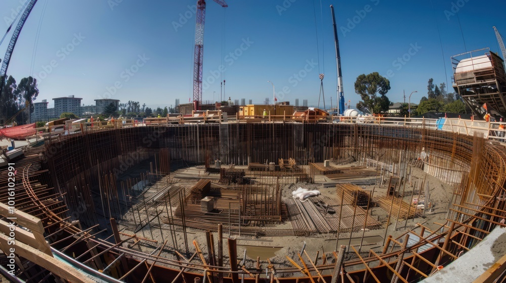 Construction Site with Concrete Foundation and Rebar Construction Site with Concrete Foundation and Rebar