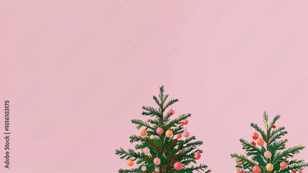 A pale pink background featuring a Christmas tree adorned with small plums A pale pink background featuring a Christmas tree adorned with small plums